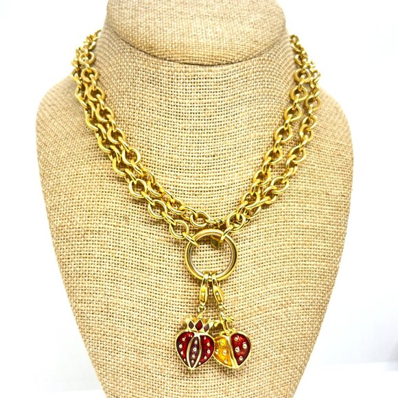 VINTAGE ERWIN PEARL HEART CHARM NECKLACE GOLD TONE ENAMEL RED YELLOW DOUBLE LINK - Picture 1 of 15